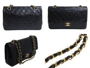 極美品 CHANEL シャネル マトラッセ25 Wフラップ Wチェーンショルダーバッグ 2番台 ラムスキン ココマーク ブラック ゴールド金具 中古 4b003836