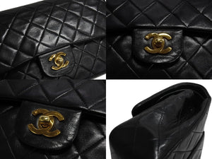 極美品 CHANEL シャネル マトラッセ25 Wフラップ Wチェーンショルダーバッグ 2番台 ラムスキン ココマーク ブラック ゴールド金具 中古 4b003836