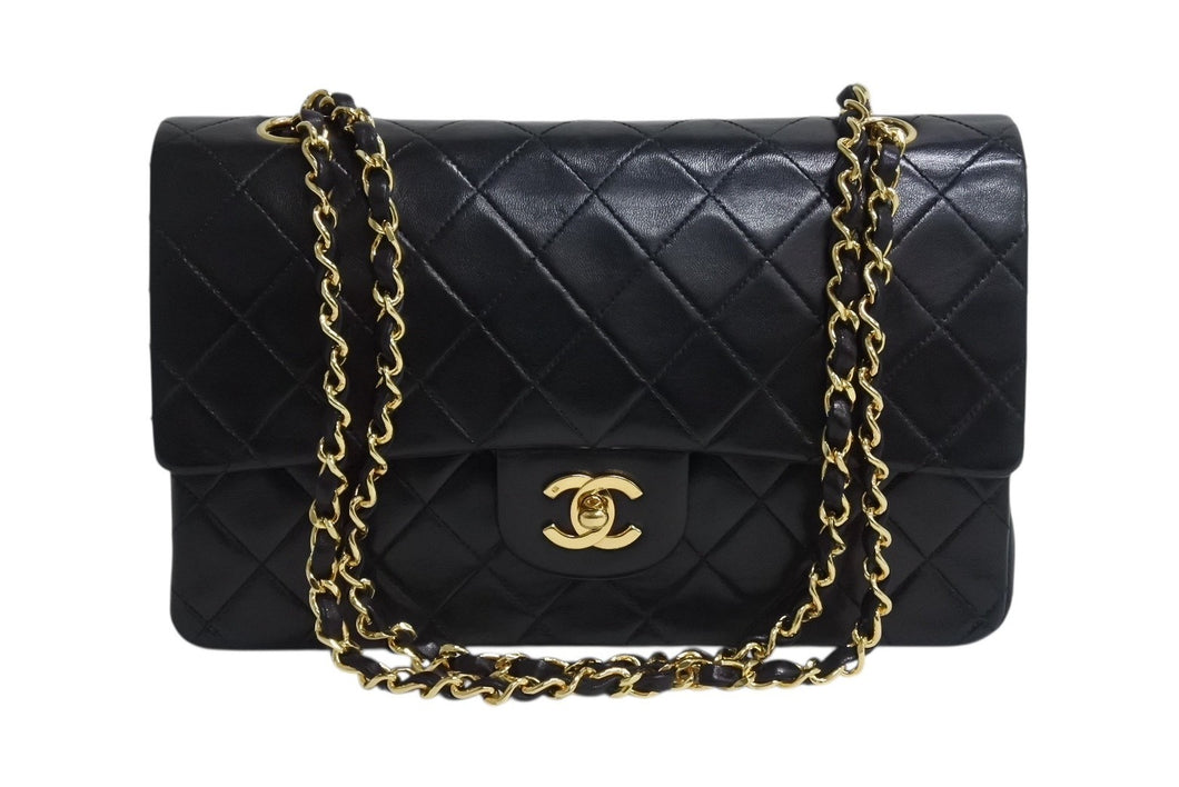 極美品 CHANEL シャネル マトラッセ25 Wフラップ Wチェーンショルダーバッグ 1番台 ラムスキン ココマーク ブラック 中古 4b003837