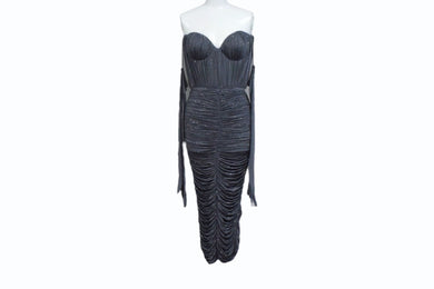 新品未使用 AlexPerry アレックスペリー Iron Gray Strapless Sweetheart Ruched CrystalJersey Midi Dress ドレス グレー UK8 中古 4b003862