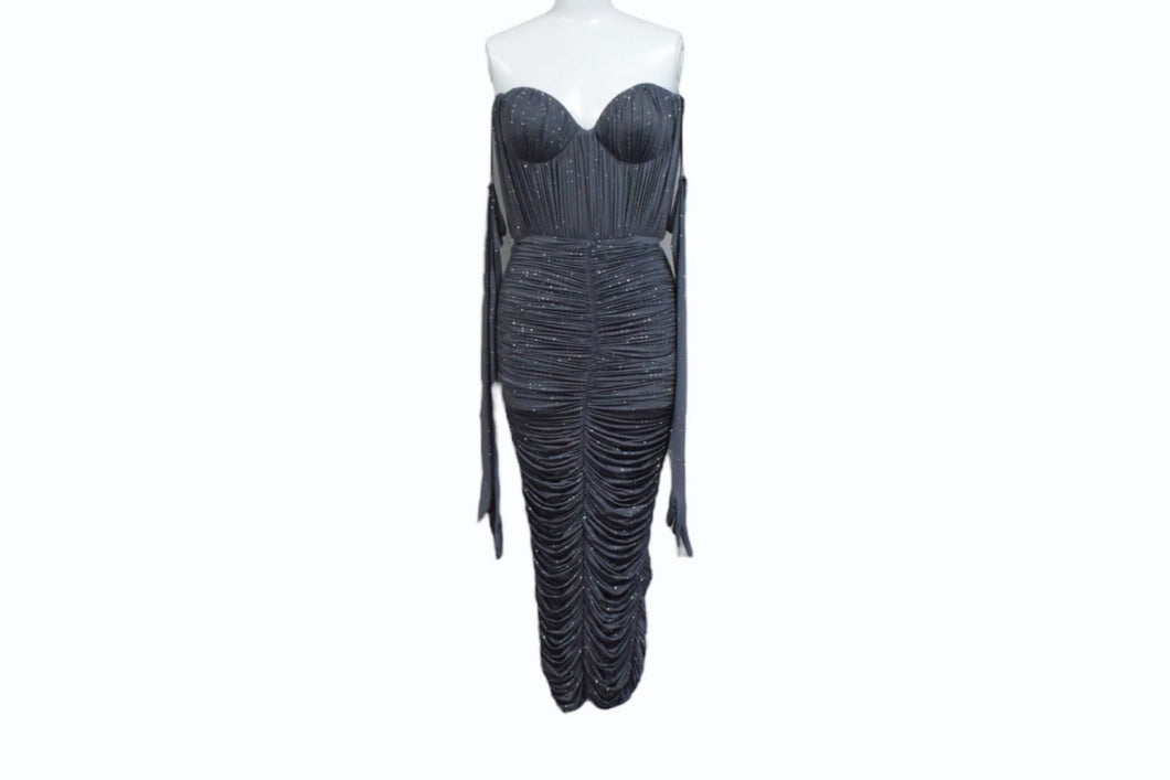 新品未使用 AlexPerry アレックスペリー Iron Gray Strapless Sweetheart Ruched CrystalJersey Midi Dress ドレス グレー UK8 中古 4b003862