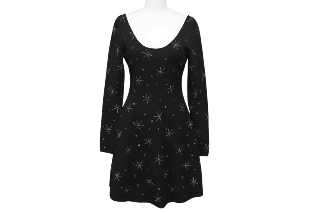 VALENTINO ヴァレンティノ ゴールドスター ドット刺繍 ニットミニワンピース 長袖 ブラック サイズS ゴールド 美品 中古 4b003879