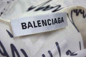 BALENCIAGA バレンシアガ 総柄 ボウタイ付き アシンメトリー ドレス 20年 ホワイト ブラック シルク ノースリーブ 626319 サイズ34 美品 中古 4b003882