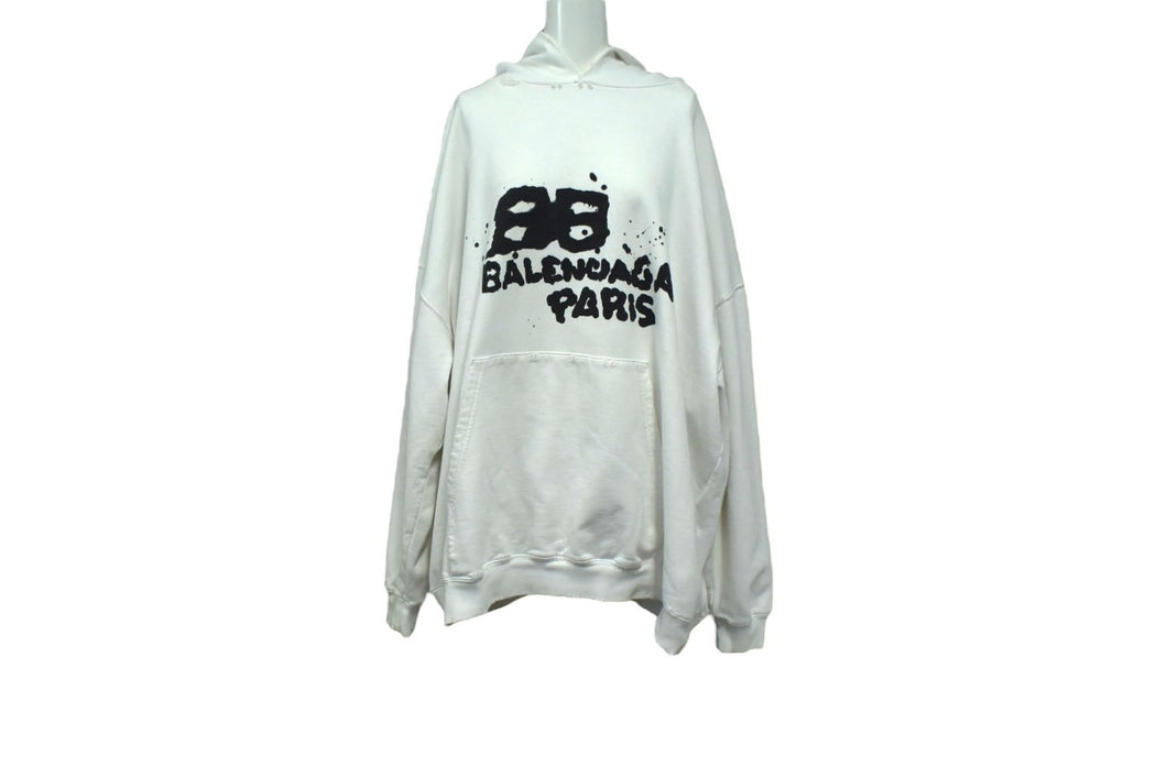 BALENCIAGA バレンシアガ ハンド ドロー BB アイコン フーディー ラージフィット ホワイト サイズXS 620947 TNVQ1 9040 美品 中古 4b003886