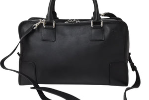 LOEWE ロエベ アマソナ36 ハンドバッグ 2WAY アナグラムロゴ エンボス加工 レザー ブラック シルバー金具 美品 中古 4b003901