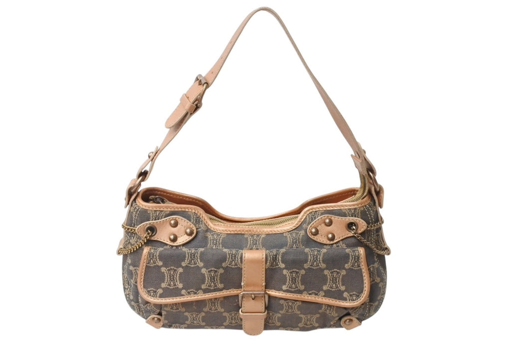 CELINE セリーヌ ワンショルダーバッグ SA00/25 マカダム柄 キャンバス レザー グレー系 ブロンズ系 良品 中古 4b003915