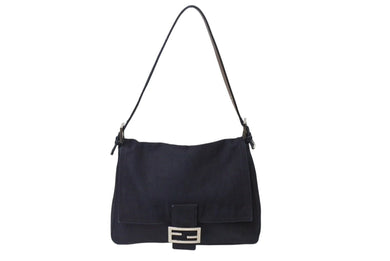 FENDI フェンディ マンマバケット ワンショルダーバッグ デニム レザー ネイビー シルバー金具 美品 中古 4b003916