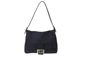 FENDI フェンディ マンマバケット ワンショルダーバッグ デニム レザー ネイビー シルバー金具 美品 中古 4b003916