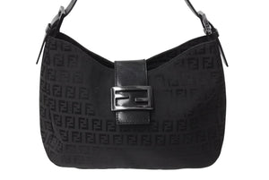 FENDI フェンディ マンマバケット ホーボー ワンショルダーバッグ 8BR036 ズッキーノ柄 キャンバス レザー ブラック 美品 中古 4b003917