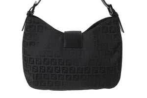 FENDI フェンディ マンマバケット ホーボー ワンショルダーバッグ 8BR036 ズッキーノ柄 キャンバス レザー ブラック 美品 中古 4b003917