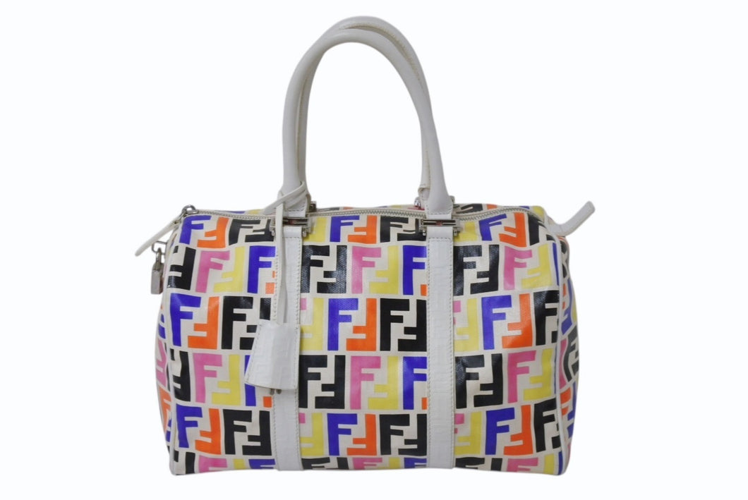 FENDI フェンディ ハンドバッグ 8BL098 PVC レザー マルチカラー ホワイト ズッカ柄 総柄 シルバー金具 美品 中古 4b003938