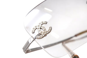 CHANEL シャネル リムレス ラインストーン ココマーク サングラス クリア シルバー プラスチック メタル ロゴ 62☐17 4017 シルバー金具 美品 中古 4b003947