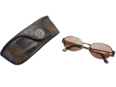 極美品 FENDI フェンディ サングラス ロゴモチーフ ブラウンレンズ 度入り SL7166 イタリア製 メタル ブラウン ゴールド金具 中古 4b003952