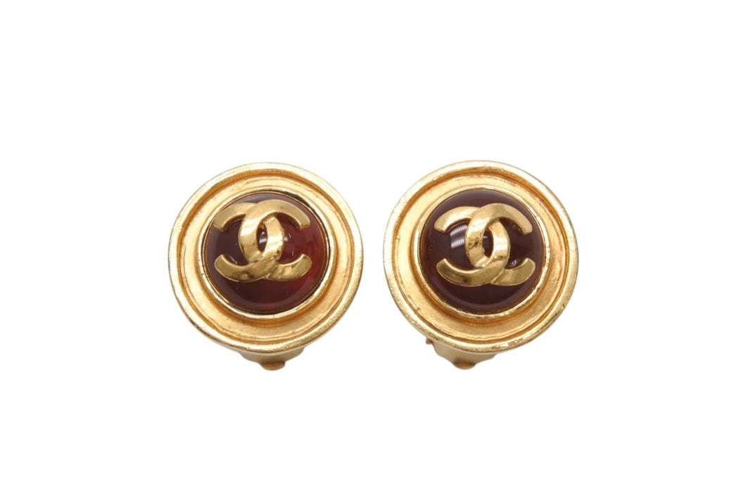 CHANEL シャネル イヤリング ターンロック グリポア カラーストーン ココマーク 95P刻印 重量約19.5 GP ゴールド ワインレッド 美品 中古 4b003975