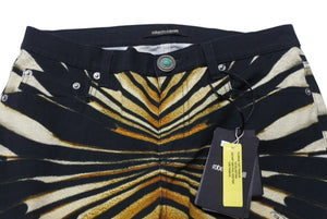 新品未使用 Roberto Cavalli ロベルトカバリ デニムパンツ テーパード Ray of Gold print コットン エラステン ブラック サイズ42 中古 4b003995