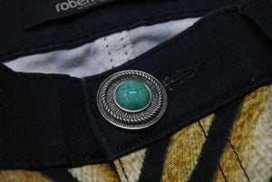 新品未使用 Roberto Cavalli ロベルトカバリ デニムパンツ テーパード Ray of Gold print コットン エラステン ブラック サイズ42 中古 4b003995