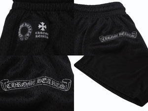 未使用 CHROME HEARTS クロムハーツ Mesh Varsity Shorts メッシュ バーシティショーツ サイズM ロゴプリント ブラック 中古 4b004048 