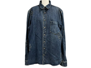 CHROMEHEARTS クロムハーツ LOOSEENDS LS ルーズエンド デニムクロスパッチクロスボールボタンデニム長袖シャツ サイズXL 美品 中古 4b004059 