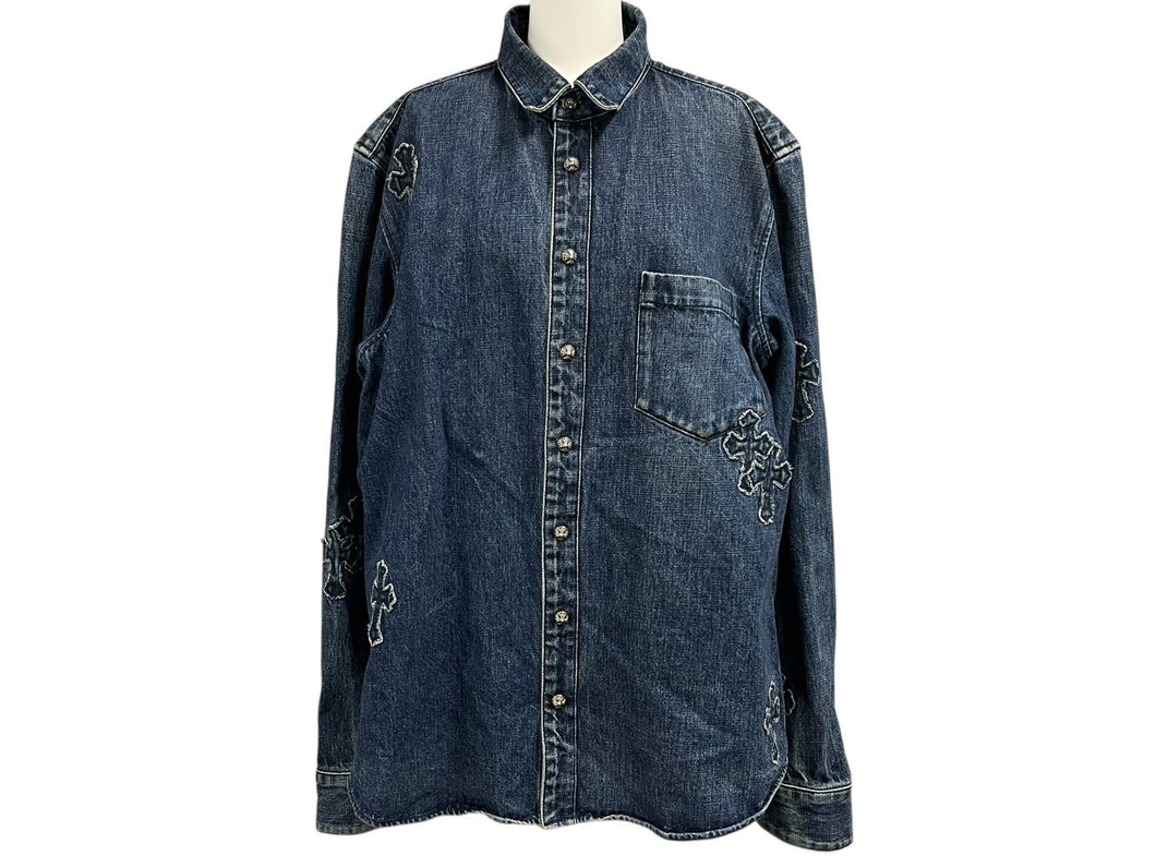 CHROMEHEARTS クロムハーツ LOOSEENDS LS ルーズエンド デニムクロスパッチクロスボールボタンデニム長袖シャツ サイズXL 美品 中古 4b004059 