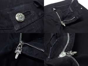 極美品 CHROME HEARTS クロムハーツ フレアニーステッチデニムパンツ 255536 コットンシルバー925 サイズ26 ブラック 中古 4b004067 