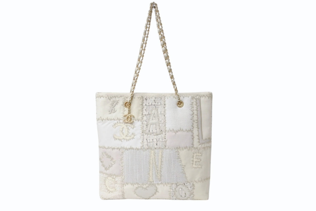 CHANEL シャネル パッチワーク チェーントートバッグ 25番台 ココマーク キャンバス ツイード パテント レザー ホワイト 美品 中古 4b004069