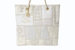 CHANEL シャネル パッチワーク チェーントートバッグ 25番台 ココマーク キャンバス ツイード パテント レザー ホワイト 美品 中古 4b004069