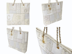 CHANEL シャネル パッチワーク チェーントートバッグ 25番台 ココマーク キャンバス ツイード パテント レザー ホワイト 美品 中古 4b004069