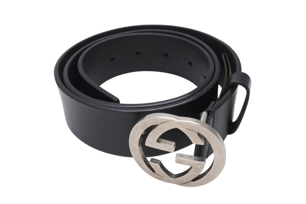 GUCCI グッチ インターロッキングGベルト GGロゴ 368186 レザー ブラック サイズ34 シルバー金具 美品 中古 4b004078 