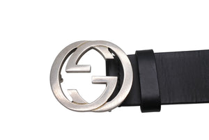 GUCCI グッチ インターロッキングGベルト GGロゴ 368186 レザー ブラック サイズ34 シルバー金具 美品 中古 4b004078 