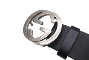 GUCCI グッチ インターロッキングGベルト GGロゴ 368186 レザー ブラック サイズ34 シルバー金具 美品 中古 4b004078 