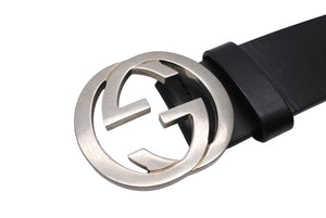 GUCCI グッチ インターロッキングGベルト GGロゴ 368186 レザー ブラック サイズ34 シルバー金具 美品 中古 4b004078 
