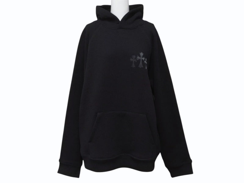 新品同様 CHROME HEARTS クロムハーツ セメタリークロスパッチ ラグランフーディー パーカー サイズL ブラック シルバー925 中古 4b004084