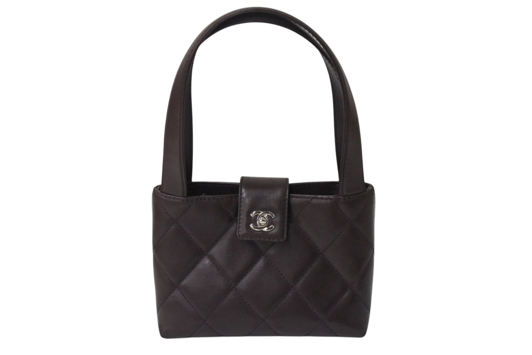 CHANEL シャネル ハンドバッグ 6番台 ラムスキン ココマーク キルティング ブラウン ヴィンテージ シルバー金具 美品 中古 4b004103