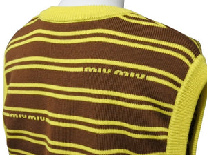 極美品 MIUMIU ミュウミュウ ニット ベスト ロゴ ボーダー ウール イエロー ブラウン マルチカラー 中古 4b004108