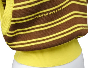 極美品 MIUMIU ミュウミュウ ニット ベスト ロゴ ボーダー ウール イエロー ブラウン マルチカラー 中古 4b004108