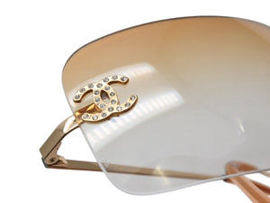 極美品 CHANEL シャネル リムレス サングラス ラインストーン 2000s 4017-D メタル ブラウン ゴールド金具 サイズ62□17 中古 4b004115
