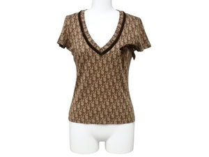 CHRISTIAN DIOR クリスチャンディオール ガリアーノ期 トロッター Vネック リボン半袖Tシャツ コットンブラウン サイズ36 美品 中古 4b004121 