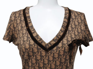 CHRISTIAN DIOR クリスチャンディオール ガリアーノ期 トロッター Vネック リボン半袖Tシャツ コットンブラウン サイズ36 美品 中古 4b004121 
