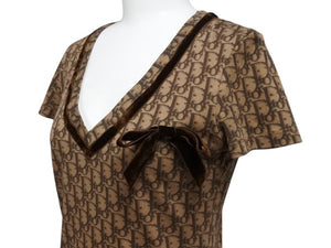 CHRISTIAN DIOR クリスチャンディオール ガリアーノ期 トロッター Vネック リボン半袖Tシャツ コットンブラウン サイズ36 美品 中古 4b004121 