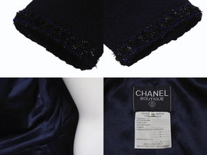 極美品 CHANEL シャネル ノーカラー ツイードジャケット サイズ40 ココマークボタン ネイビー ヴィンテージ 中古 4b004128