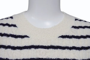 極美品 CHANEL シャネル 23SS ニットワンピース P74153K10655 サイズ36 ココマーク ボーダー アイボリー ネイビー 背中開き 中古 4b004130