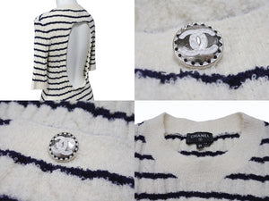 極美品 CHANEL シャネル 23SS ニットワンピース P74153K10655 サイズ36 ココマーク ボーダー アイボリー ネイビー 背中開き 中古 4b004130