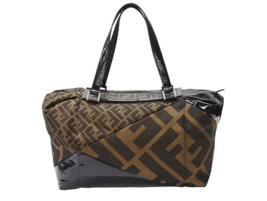 FENDI フェンディ ズッカ柄 ハンドバッグ AO64176 キャンバス エナメル ブラウン ブラックメタル金具 美品 中古 4b004171 正規品