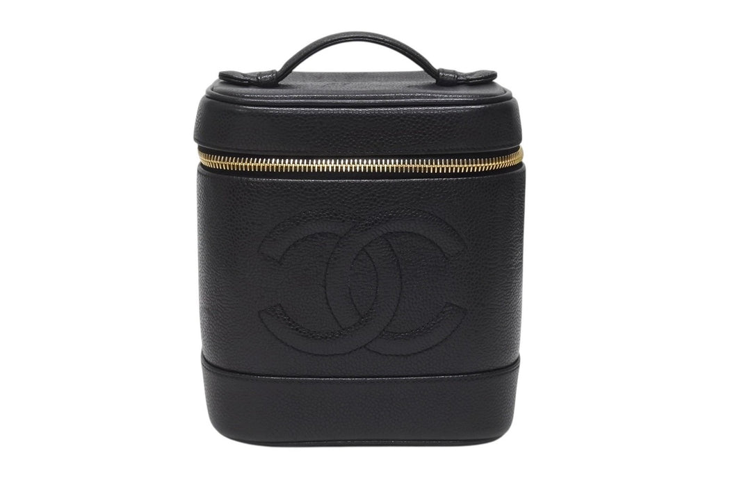極美品 CHANEL シャネル バニティ ハンドバッグ ブラック キャビアスキン 3番台 ココマーク ロゴ 小物入れ ゴールド金具 中古 4b004192