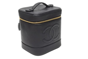 極美品 CHANEL シャネル バニティ ハンドバッグ ブラック キャビアスキン 3番台 ココマーク ロゴ 小物入れ ゴールド金具 中古 4b004192