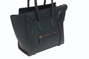 極美品 CELINE セリーヌ ラゲージ マイクロショッパー ハンドバッグ イタリア製 レザー ダークグリーン ゴールド金具 中古 4b004197
