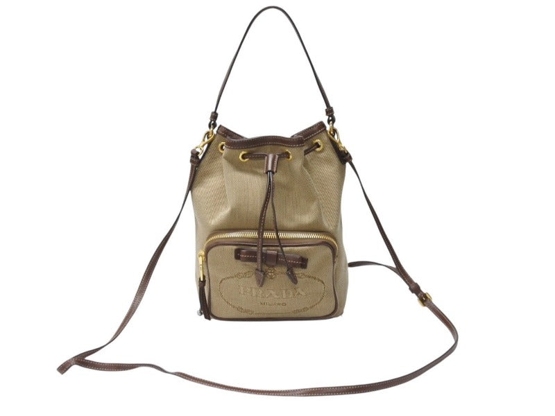 PRADA プラダ 2WAYバッグ ハンドバッグ ショルダーバッグ ジャガード レザー ベージュ ブラウン ゴールド金具 美品 中古 4b004204