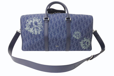 Dior ディオール DENIM TEARS デニムティアーズ ランゴ50 ボストンバッグ 2WAY オブリーク ピースサイン レザー コットンデニム ネイビー シルバー金具 美品 中古 4b004427