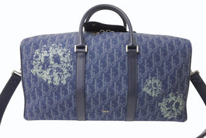 Dior ディオール DENIM TEARS デニムティアーズ ランゴ50 ボストンバッグ 2WAY オブリーク ピースサイン レザー コットンデニム ネイビー シルバー金具 美品 中古 4b004427