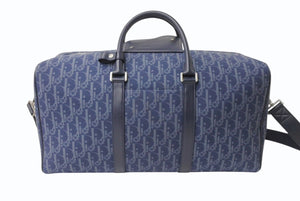 Dior ディオール DENIM TEARS デニムティアーズ ランゴ50 ボストンバッグ 2WAY オブリーク ピースサイン レザー コットンデニム ネイビー シルバー金具 美品 中古 4b004427
